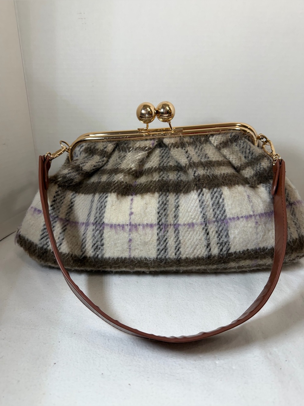 Wool Brown Plaid Handbag Kiss Lock Closure Detachable Strap Casual Business